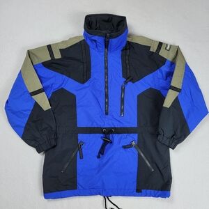 Obermeyer Ski Snow Jacket Juniors Size 12 Blue Black 1/2 Zip Pullover Tuck Hood